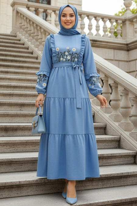 Patterned Baby Blue Modest Dress 10327BM - 