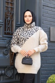 Patterned Beige Knit Modest Sweater Tunic 8818BEJ - 3