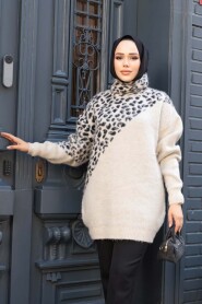 Patterned Beige Knit Modest Sweater Tunic 8818BEJ - 2