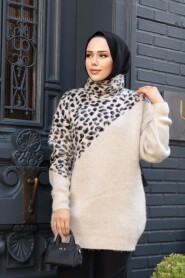 Patterned Beige Knit Modest Sweater Tunic 8818BEJ - 1