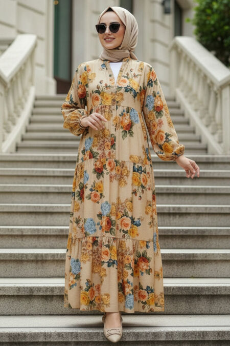 Patterned Beige Modest Dress 20623BEJ - 