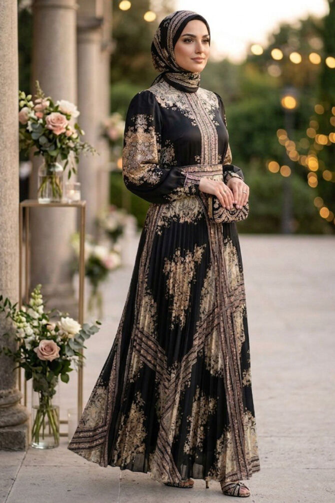 Patterned Belted Kobe Satin Black Modest Dress 15756S - 