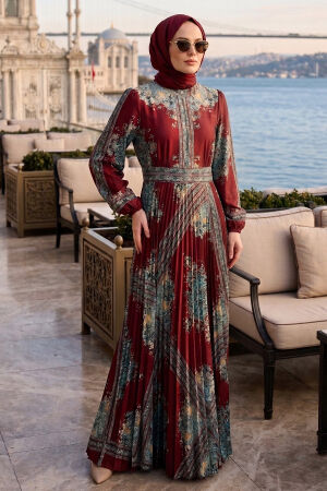 Patterned Belted Kobe Satin Burgundy Modest Dress 15756BR - 