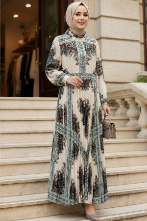 Patterned Belted Kobe Satin Ecru Modest Dress 15756E - 