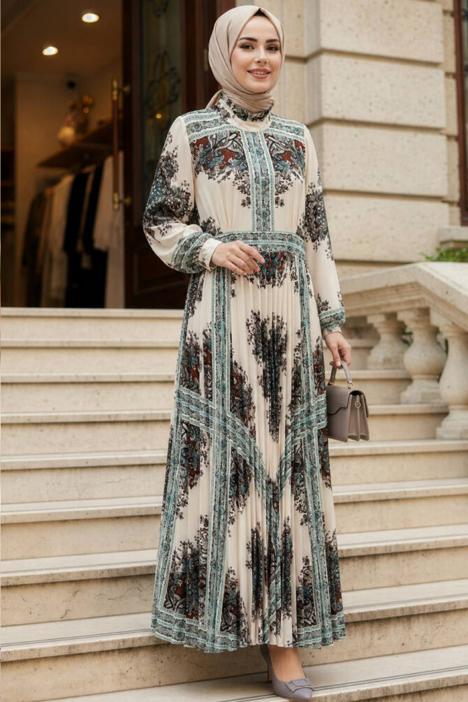 Patterned Belted Kobe Satin Ecru Modest Dress 15756E - 