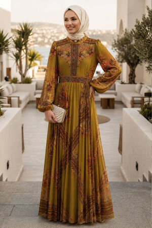 Patterned Belted Kobe Satin Olive Green Modest Dress 15756YY - 