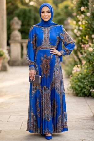Patterned Belted Kobe Satin Sax Blue Modest Dress 15756SX - 