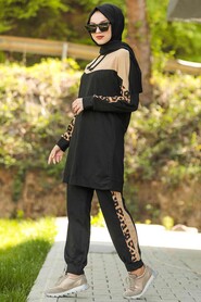 Patterned Biscuit Color Hijab Dual Suit Dress 60520BS - 2