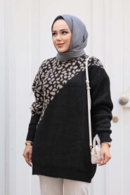 Patterned Black Knit Modest Sweater Tunic 8818S - 1