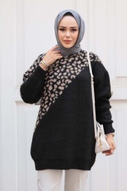 Patterned Black Knit Modest Sweater Tunic 8818S - 2