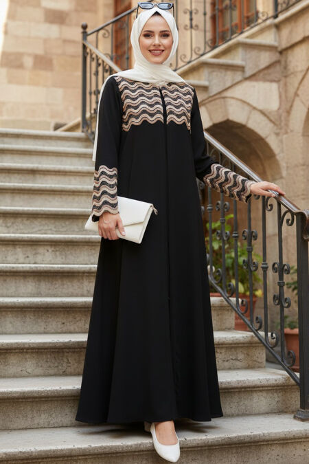 Patterned Black Modest Abaya 29136S - 