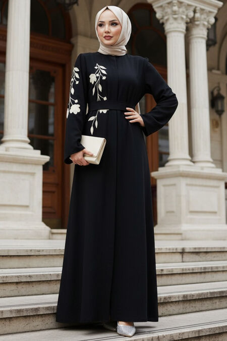 Patterned Black Modest Abaya 60052S - 