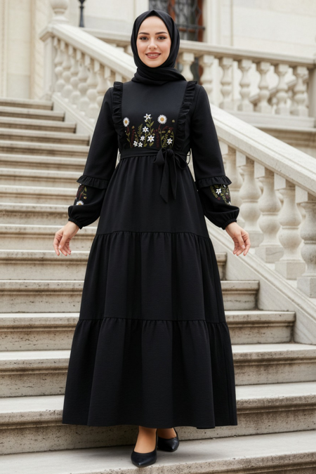 Patterned Black Modest Dress 10327S - 