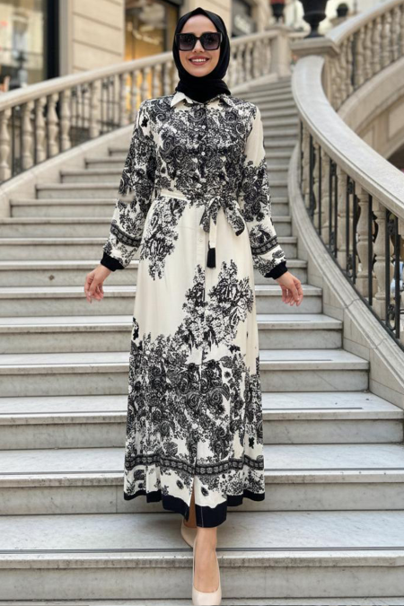 Patterned Black Modest Dress 24086S