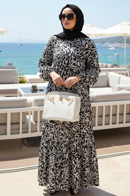 Patterned Black Modest Dress 30161S - 