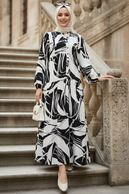 Patterned Black Modest Dress 30181S - 
