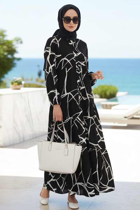 Patterned Black Modest Dress 30191S - 