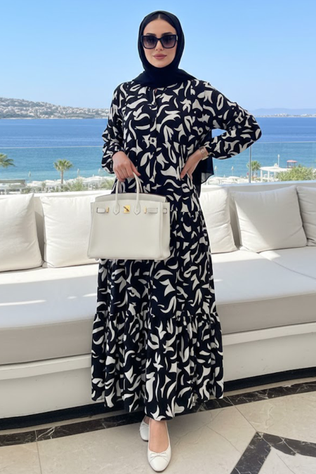 Patterned Black Modest Dress 30212S - 