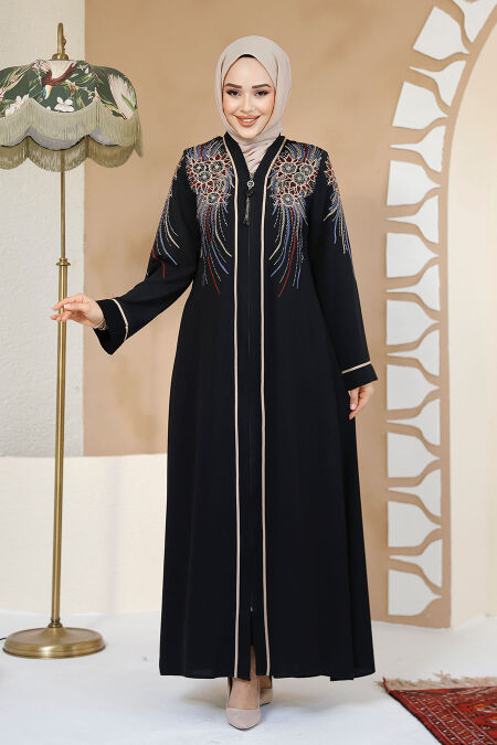  Patterned Black Plus Size Abaya 41565S - NEVA STYLE