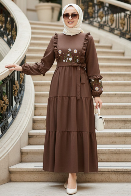 Patterned Brown Modest Dress 10327KH - 
