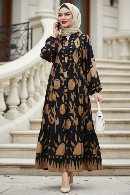 Patterned Brown Modest Dress 11308KH - 