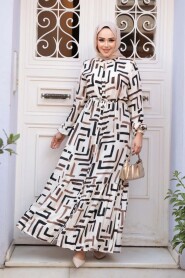 Patterned Brown Modest Dress 50253KH - 1