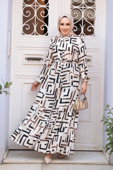 Patterned Brown Modest Dress 50253KH - NEVA STYLE