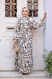 Patterned Brown Modest Dress 50253KH - 2