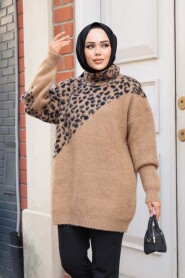 Patterned Camel Knit Modest Sweater Tunic 8818C - 1