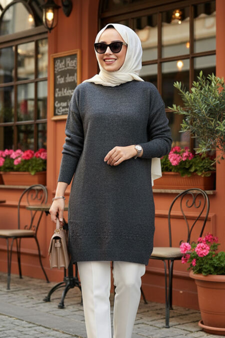 Patterned Charcoal Knit Modest Sweater Tunic 20023FU - NEVA STYLE