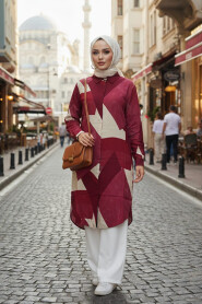 Patterned Cherry Viscose Modest Tunic 11710VSN - 3