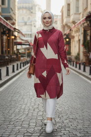 Patterned Cherry Viscose Modest Tunic 11710VSN - 1