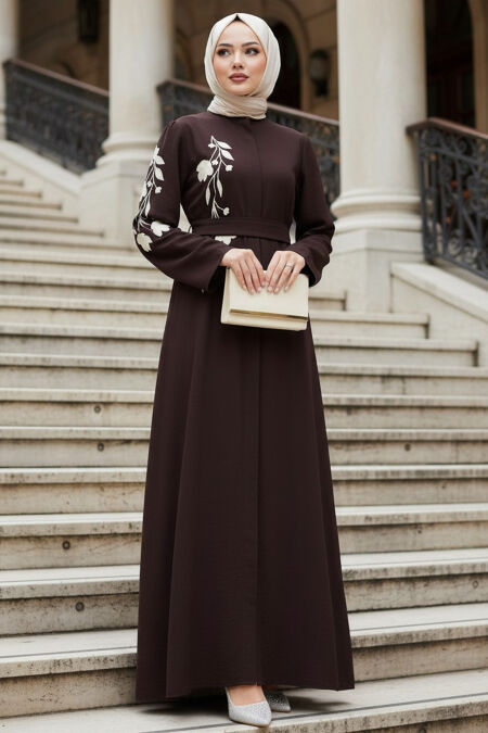 Patterned Dark Brown Modest Abaya 60052KKH - 