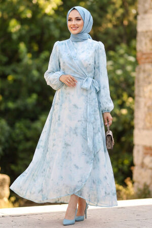 Patterned Draped Belted Tulle Modal Blue Modest Dress 31071M - 