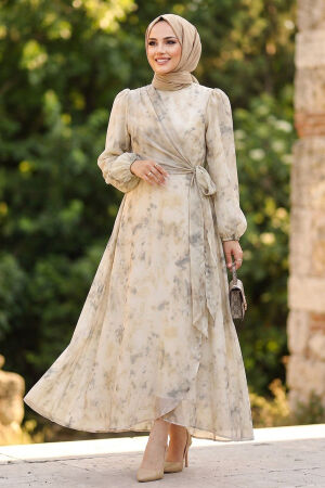 Patterned Draped Belted Tulle Modal Dark Beige Modest Dress 31071KBEJ - 
