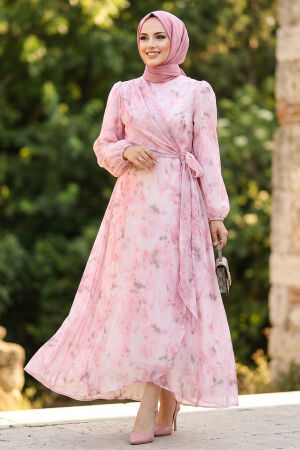 Patterned Draped Belted Tulle Modal Pink Modest Dress 31071P - 