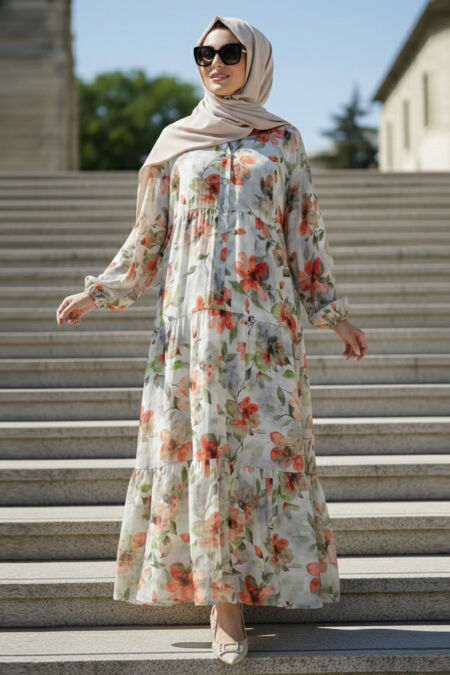 Patterned Green Modest Dress 20622Y - 