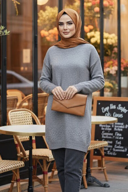 Patterned Grey Knit Modest Sweater Tunic 20023GR - NEVA STYLE