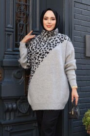 Patterned Grey Knit Modest Sweater Tunic 8818GR - 1