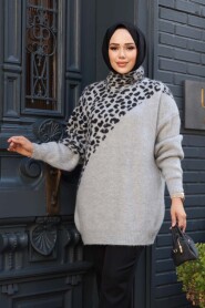 Patterned Grey Knit Modest Sweater Tunic 8818GR - 3