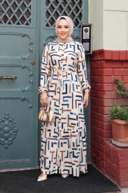 Patterned Indigo Blue Modest Dress 50253IM - 2