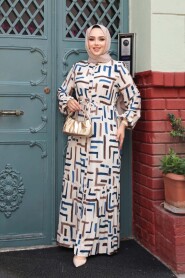 Patterned Indigo Blue Modest Dress 50253IM - 3