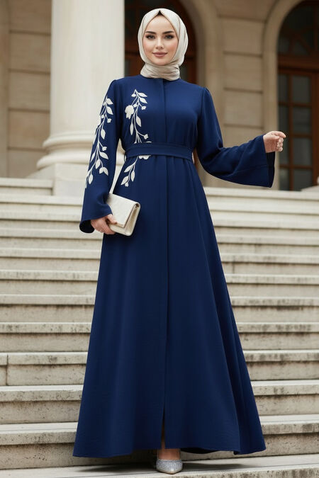 Patterned Navy Blue Modest Abaya 60052L - 
