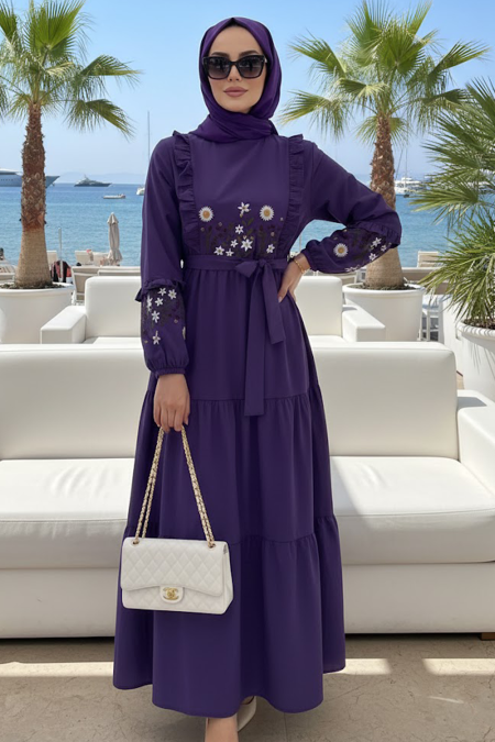Patterned Purple Modest Dress 10327MOR - 