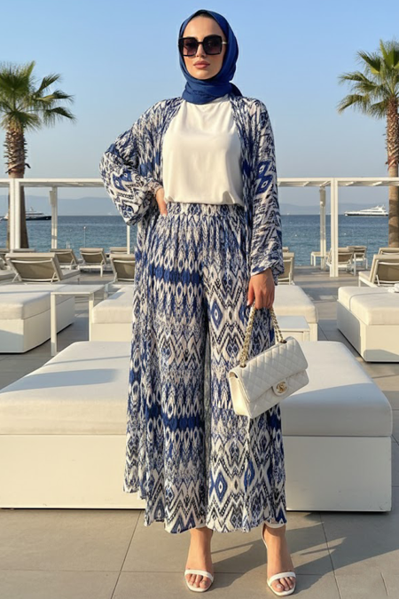 Patterned Sax Blue Modest Two-Piece Kimono Set 12887SX - 