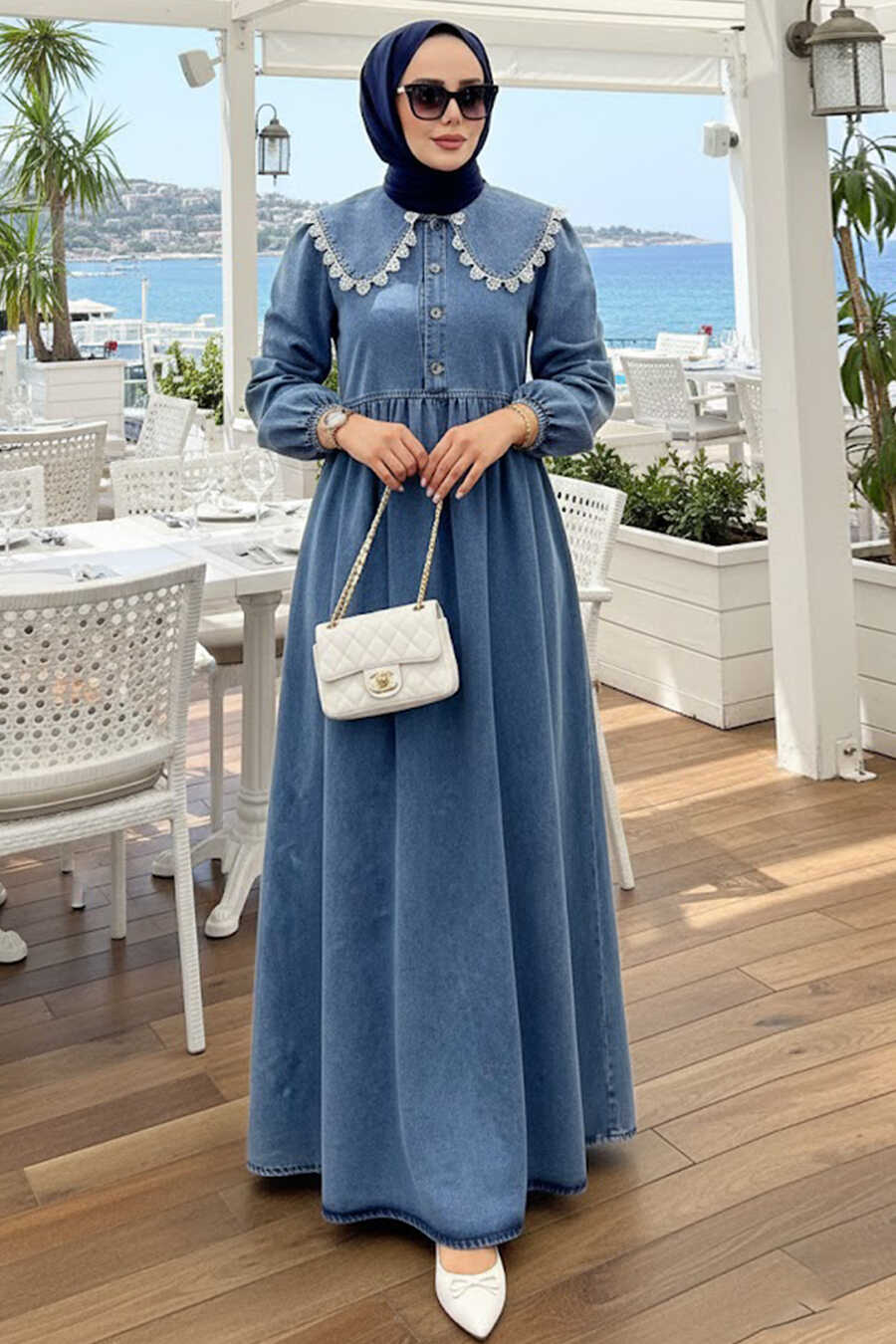 Peter Pan Collar Blue Modest Denim Dress 19179M - Neva-style.com