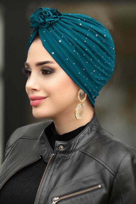 Petrol Blue Hijab Cap Shawl 7527PM - NEVA STYLE