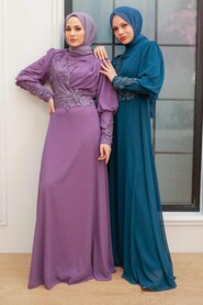  Petrol Blue Turkish Modest Dress 25817PM - 2