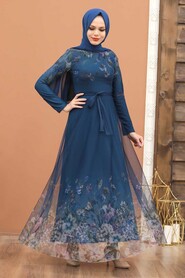  Petrol Blue Turkish Hijab Long Sleeve Dress 50171PM - 1
