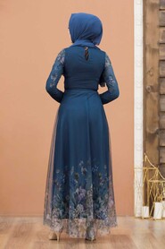  Petrol Blue Turkish Hijab Long Sleeve Dress 50171PM - 2